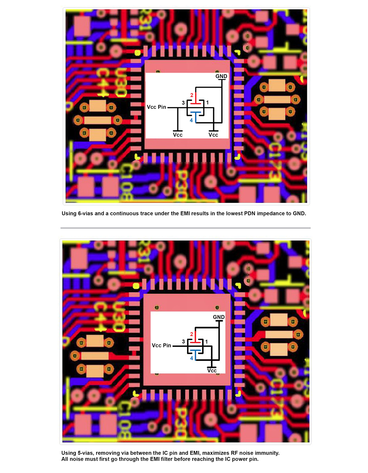 6-vias and a continuous trace under the EMI Filter